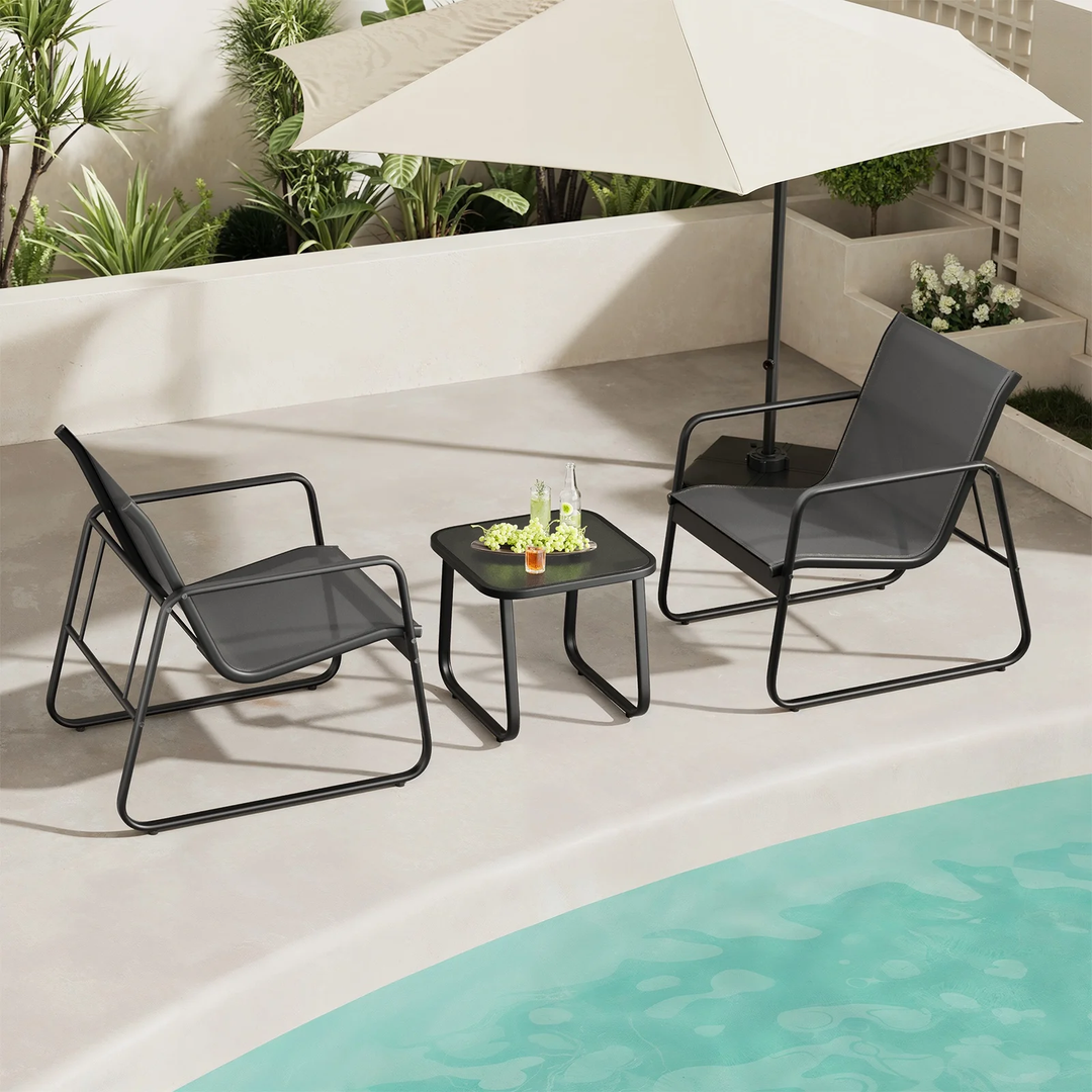 Wenkil 3-Piece Modern Outdoor Bistro Set – Steel Chairs & Square Glass Table (Black)