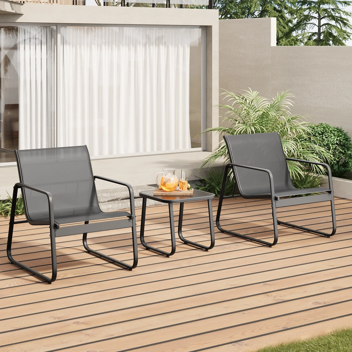 Wenkil 3-Piece Modern Outdoor Bistro Set – Steel Chairs & Square Glass Table (Black)