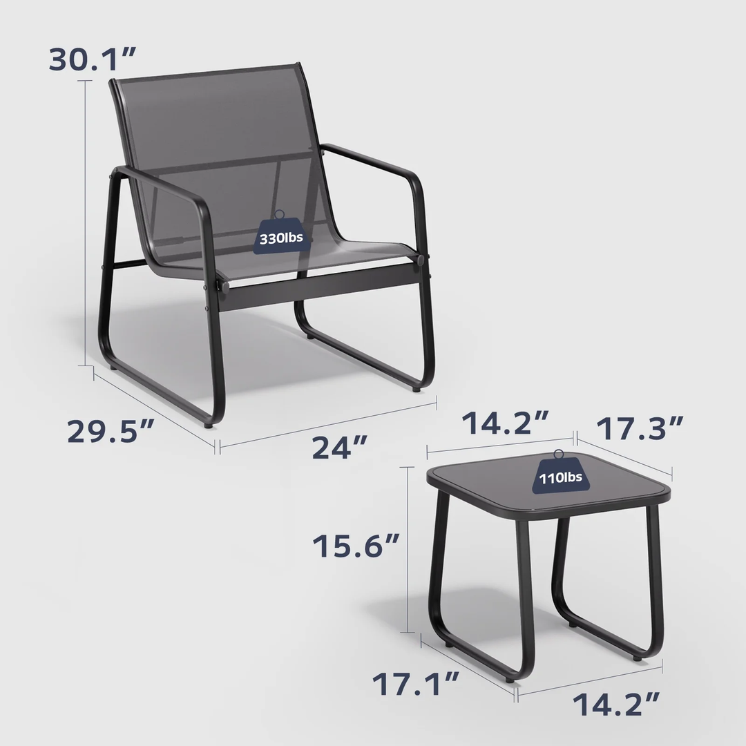 Wenkil 3-Piece Modern Outdoor Bistro Set – Steel Chairs & Square Glass Table (Black)