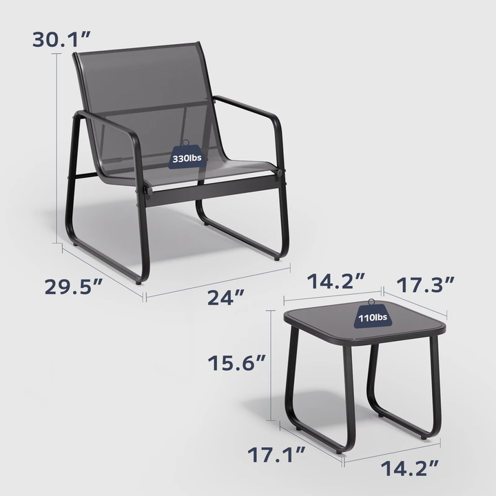 Wenkil 3-Piece Modern Outdoor Bistro Set – Steel Chairs & Square Glass Table (Black)