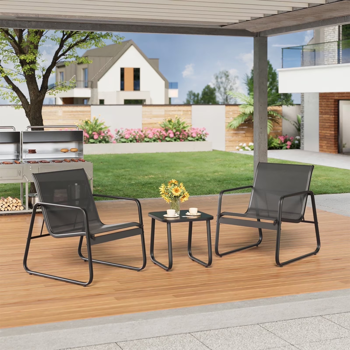 Wenkil 3-Piece Modern Outdoor Bistro Set – Steel Chairs & Square Glass Table (Black)