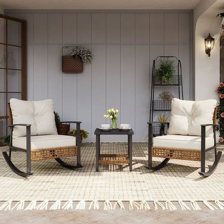 3-Piece Outdoor Wicker Rocking Chair Set with Beige Cushions & Two-Tier Coffee Table