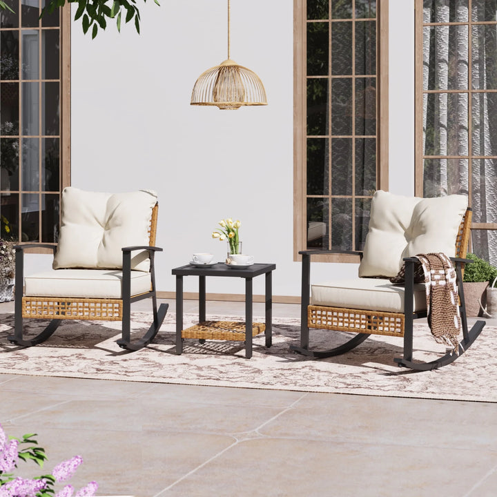 3-Piece Outdoor Wicker Rocking Chair Set with Beige Cushions & Two-Tier Coffee Table