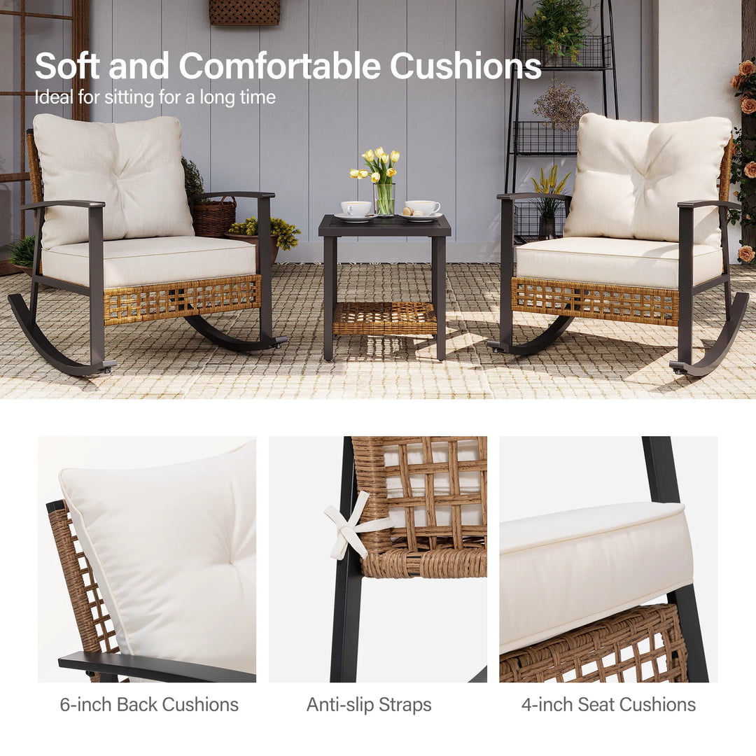 3-Piece Outdoor Wicker Rocking Chair Set with Beige Cushions & Two-Tier Coffee Table