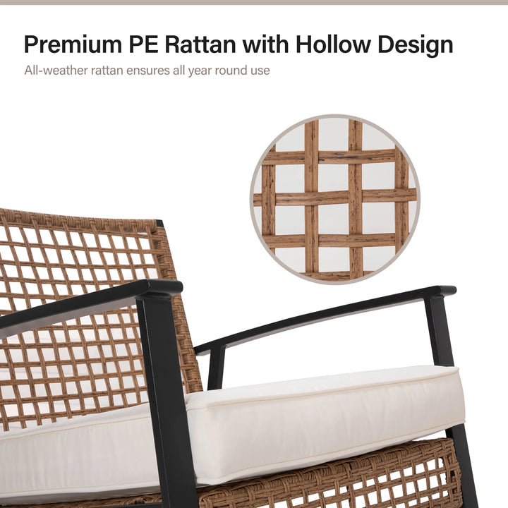 3-Piece Outdoor Wicker Rocking Chair Set with Beige Cushions & Two-Tier Coffee Table