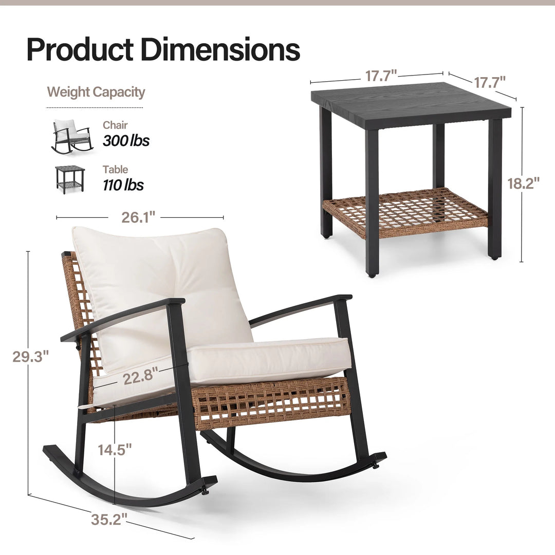 3-Piece Outdoor Wicker Rocking Chair Set with Beige Cushions & Two-Tier Coffee Table