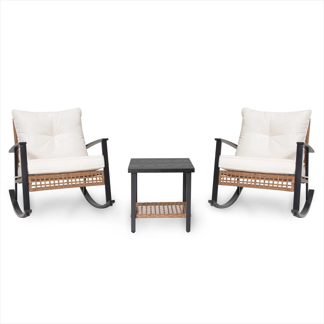 3-Piece Outdoor Wicker Rocking Chair Set with Beige Cushions & Two-Tier Coffee Table