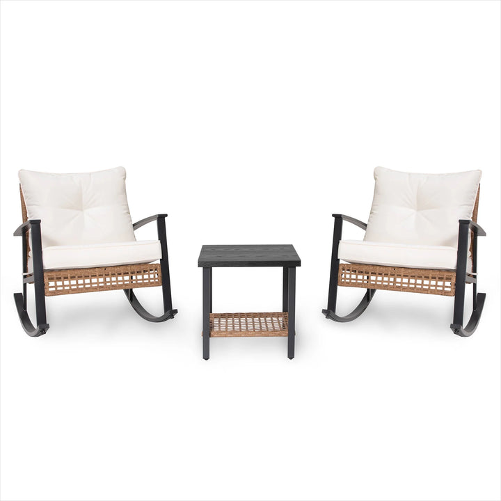 3-Piece Outdoor Wicker Rocking Chair Set with Beige Cushions & Two-Tier Coffee Table