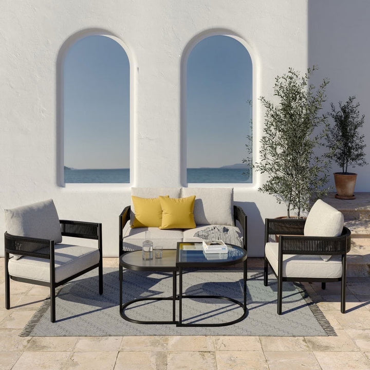 5-Piece Outdoor Wicker Seating Set with Cushions and Space-Saving Nested Tables – Beige