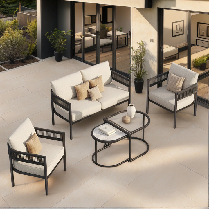 5-Piece Outdoor Wicker Seating Set with Cushions and Space-Saving Nested Tables – Beige
