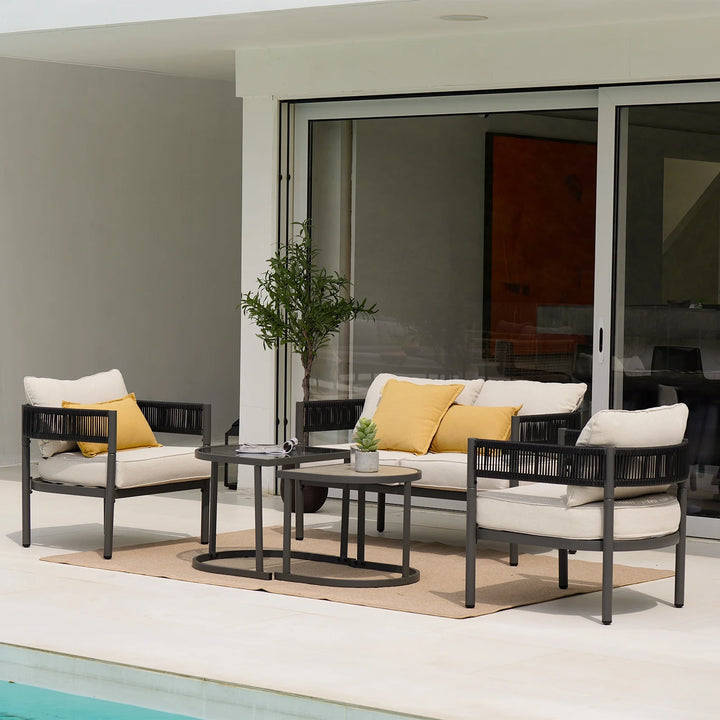5-Piece Outdoor Wicker Seating Set with Cushions and Space-Saving Nested Tables – Beige
