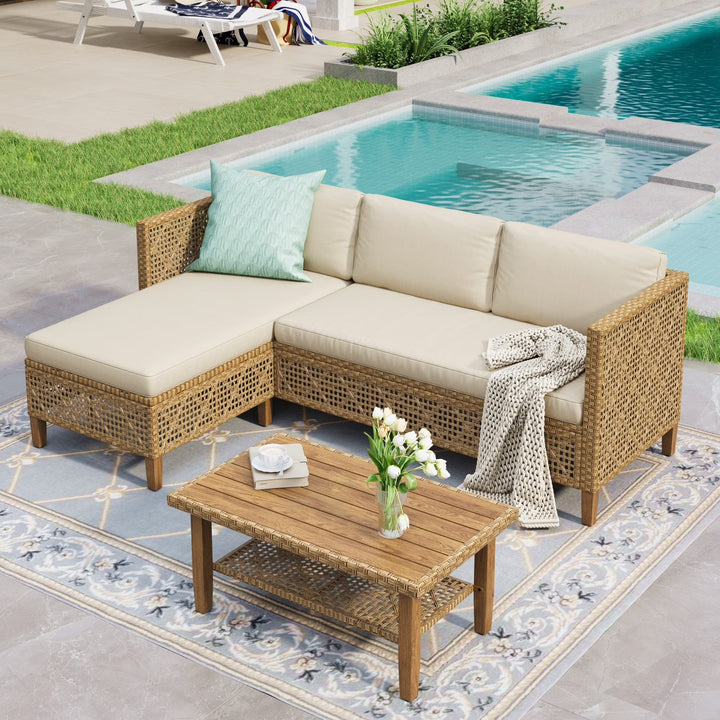 Wenkil 3-Piece Boho Wicker Patio Furniture Conversation Set with Wood Coffee Table