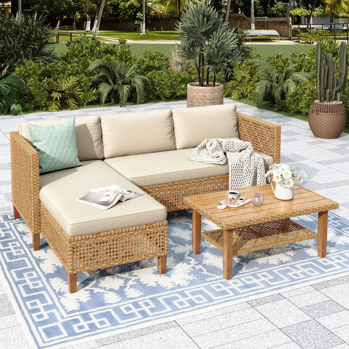 Wenkil 3-Piece Boho Wicker Patio Furniture Conversation Set with Wood Coffee Table