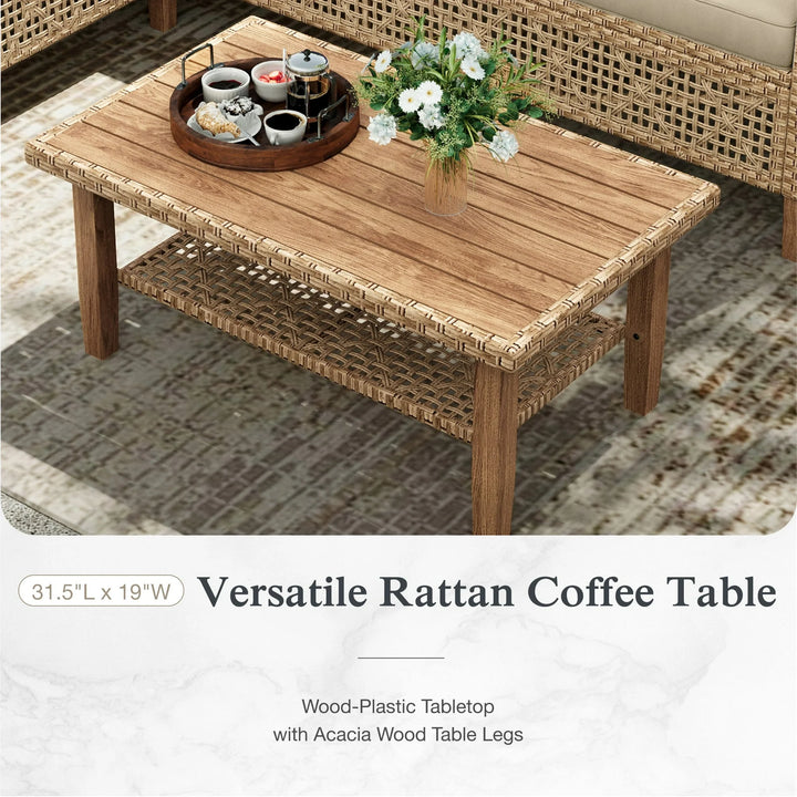 Wenkil 3-Piece Boho Wicker Patio Furniture Conversation Set with Wood Coffee Table
