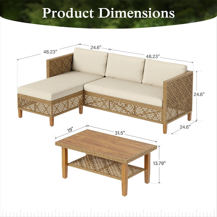 Wenkil 3-Piece Boho Wicker Patio Furniture Conversation Set with Wood Coffee Table