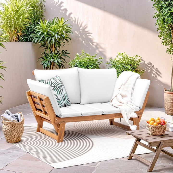 Wenkil Outdoor Acacia Wood Patio Daybed with Adjustable Armrests and Side Tables, White