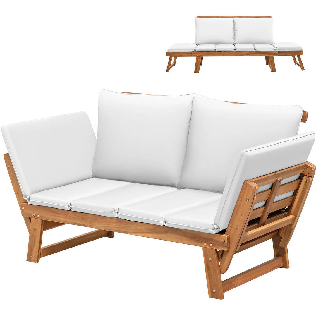 Wenkil Outdoor Acacia Wood Patio Daybed with Adjustable Armrests and Side Tables, White