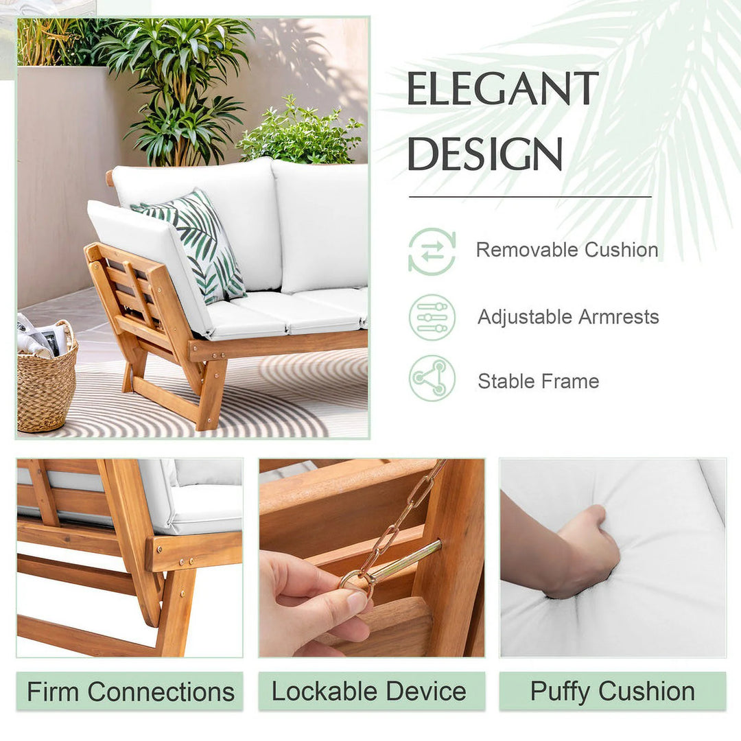 Wenkil Outdoor Acacia Wood Patio Daybed with Adjustable Armrests and Side Tables, White