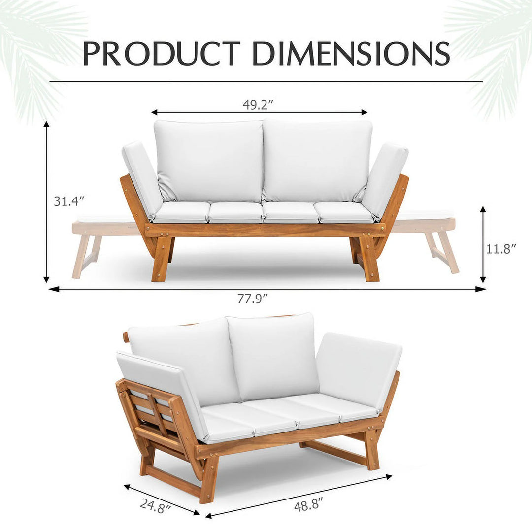 Wenkil Outdoor Acacia Wood Patio Daybed with Adjustable Armrests and Side Tables, White
