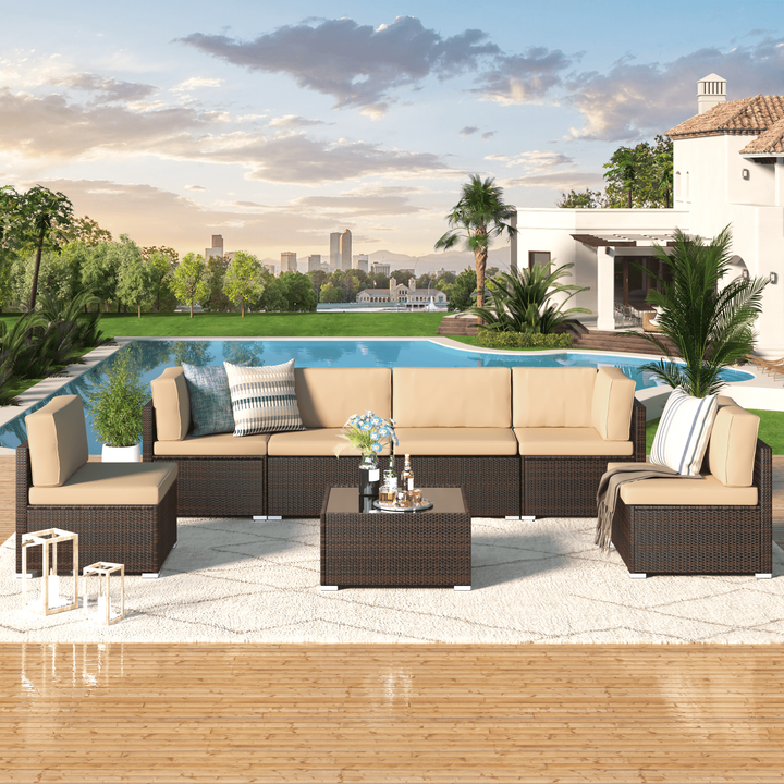 Wenkil 7-Piece Patio Furniture Set with Beige Cushions & Black PE Rattan