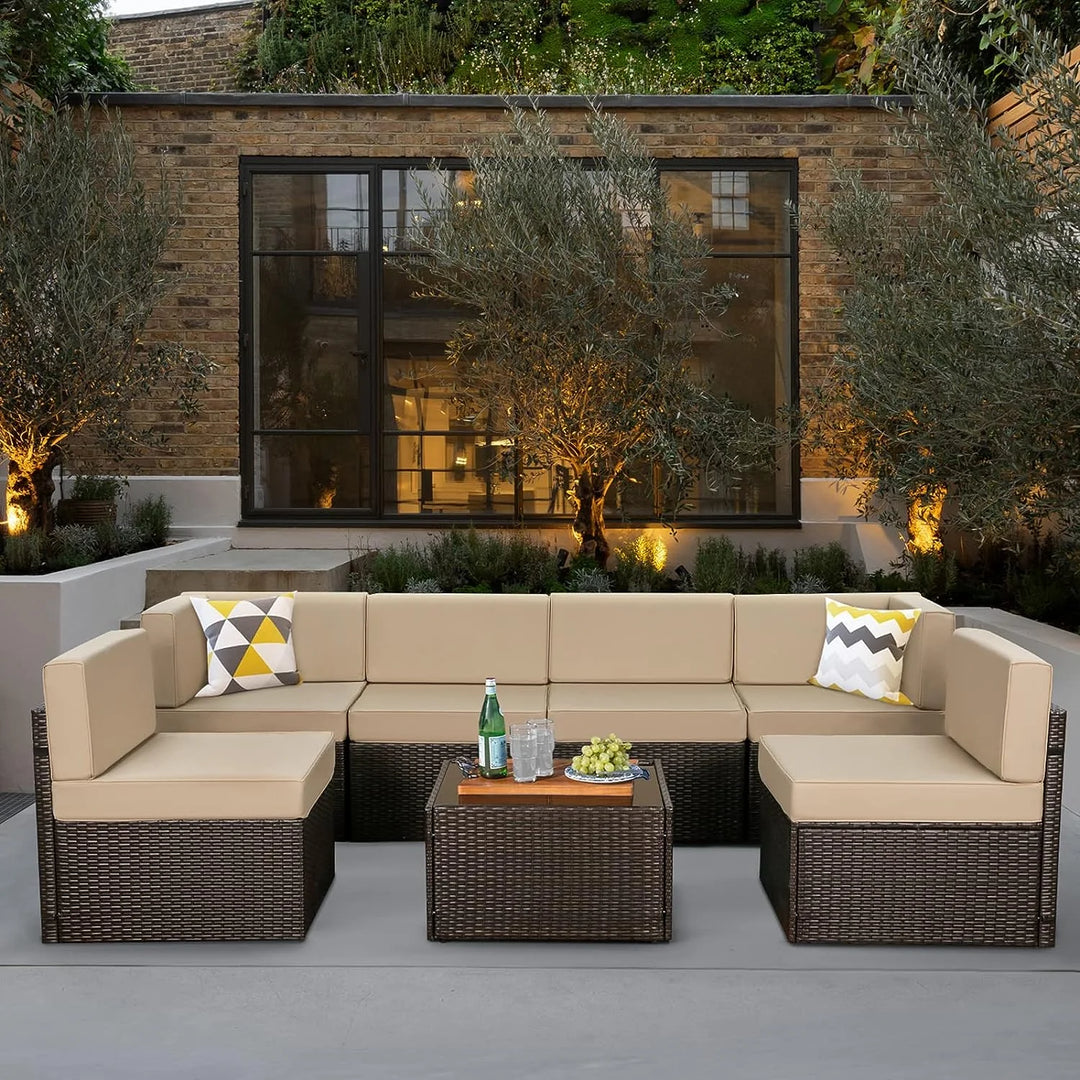 Wenkil 7-Piece Patio Furniture Set with Beige Cushions & Black PE Rattan