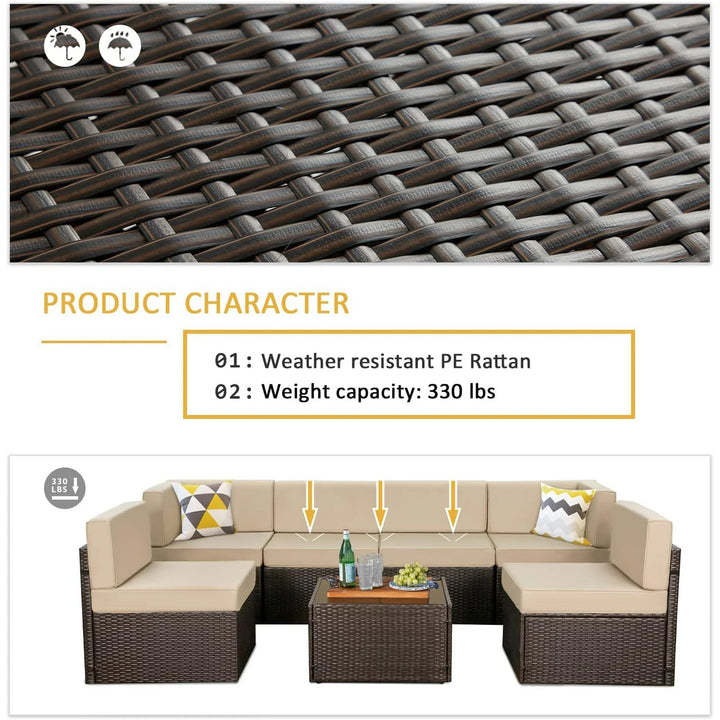 Wenkil 7-Piece Patio Furniture Set with Beige Cushions & Black PE Rattan