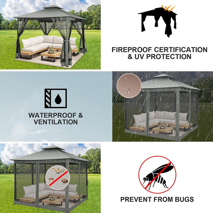 WENKIL 10x10 Gazebo for Patio, Outdoor Canopy Tent with Mosquito Netting