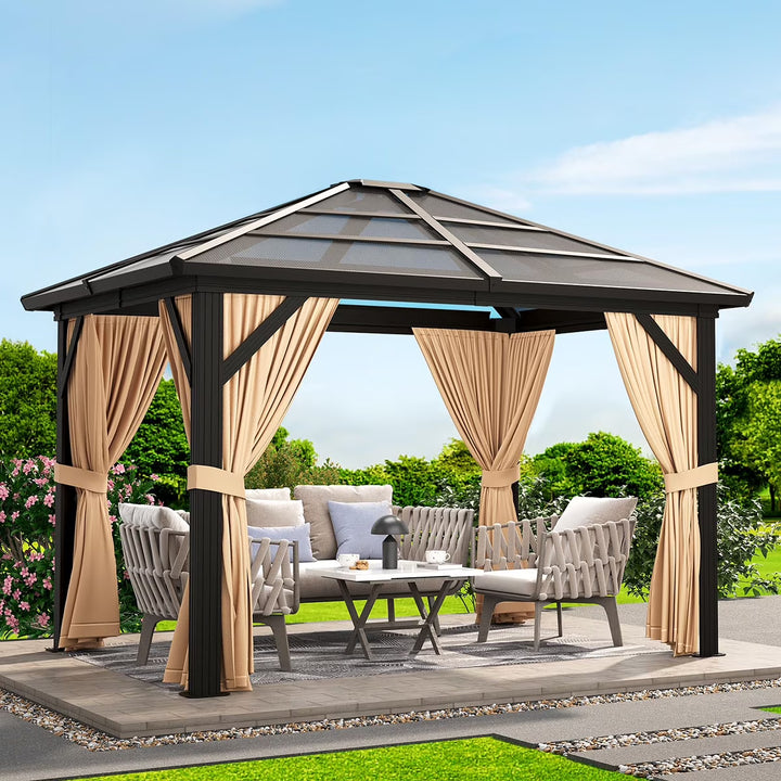 WENKIL 10'x10' Gazebo, Hardtop Outdoor Canopy Aluminum Frame Permanent Gazebo with Netting and Curtains
