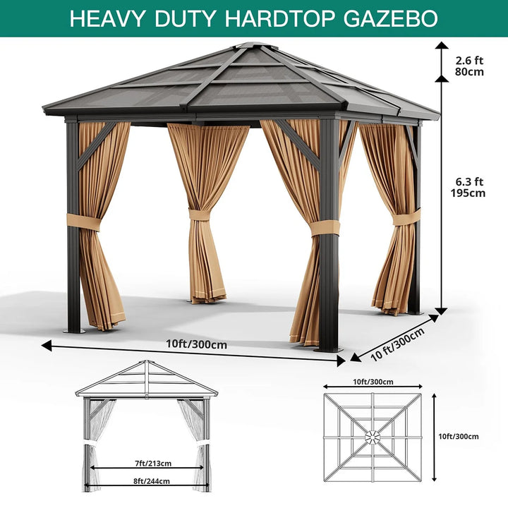 WENKIL 10'x10' Gazebo, Hardtop Outdoor Canopy Aluminum Frame Permanent Gazebo with Netting and Curtains