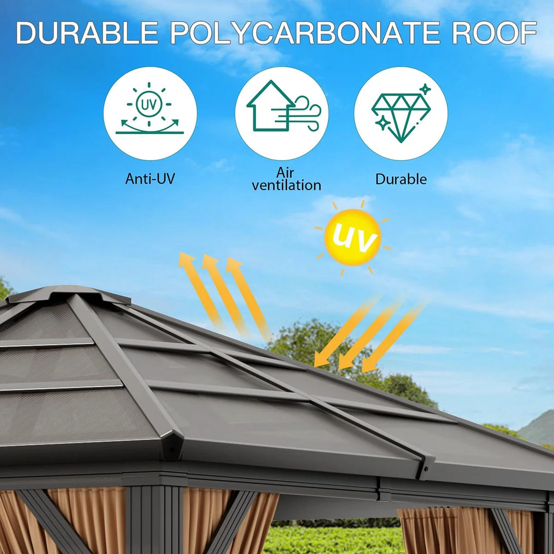 WENKIL 10'x10' Gazebo, Hardtop Outdoor Canopy Aluminum Frame Permanent Gazebo with Netting and Curtains