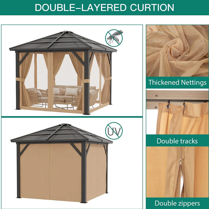 WENKIL 10'x10' Gazebo, Hardtop Outdoor Canopy Aluminum Frame Permanent Gazebo with Netting and Curtains