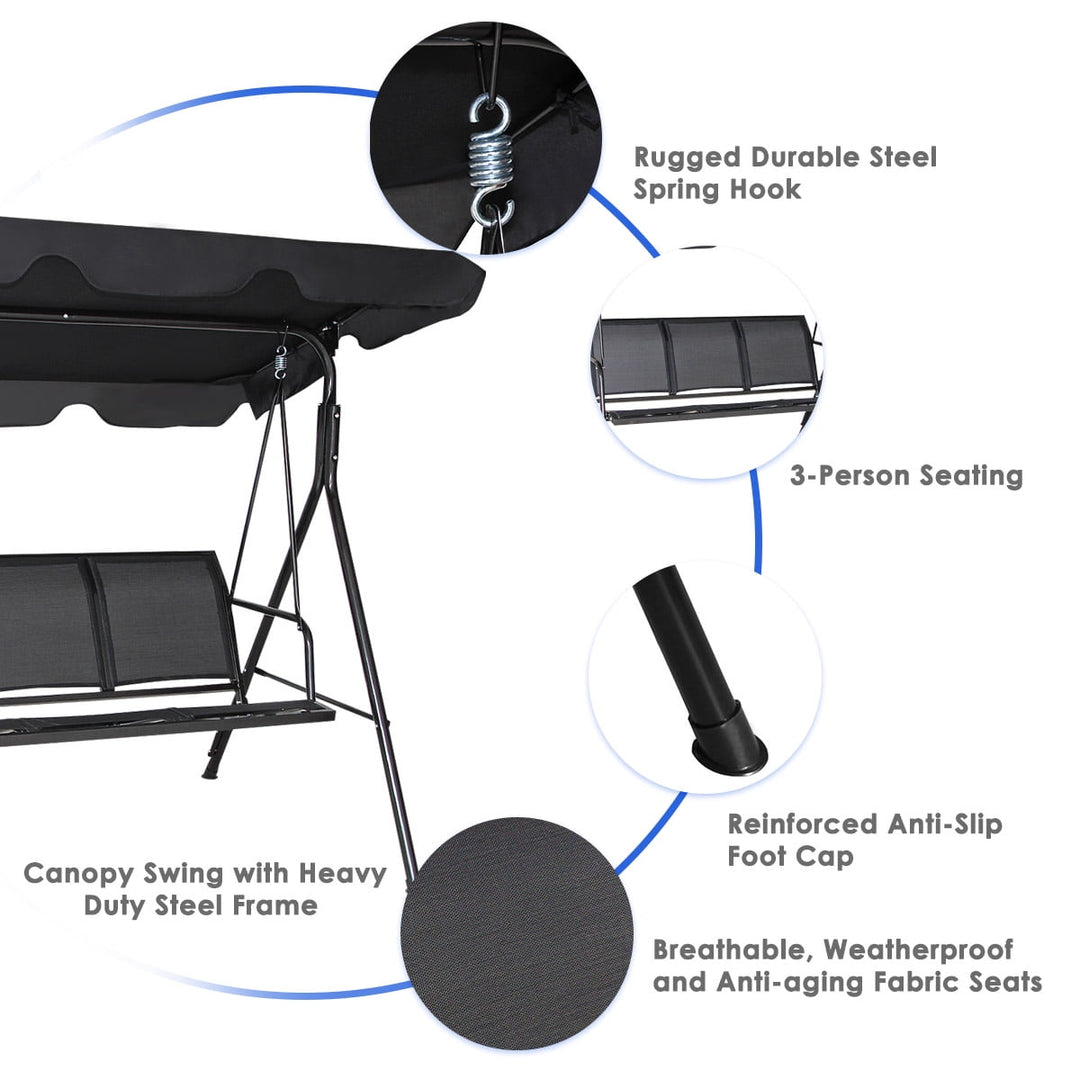 Wenkil Outdoor Patio Swing Canopy 3 Person Canopy Swing Chair Patio Hammock Black