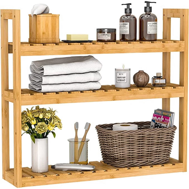 WENKIL Bamboo 3-Tier Bathroom Wall Shelf, Adjustable Wall-Mounted Bathroom Storage Rack
