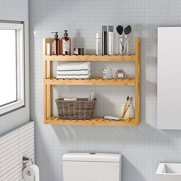 WENKIL Bamboo 3-Tier Bathroom Wall Shelf, Adjustable Wall-Mounted Bathroom Storage Rack