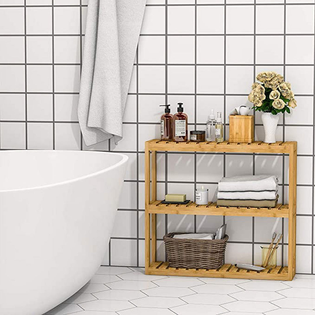 WENKIL Bamboo 3-Tier Bathroom Wall Shelf, Adjustable Wall-Mounted Bathroom Storage Rack