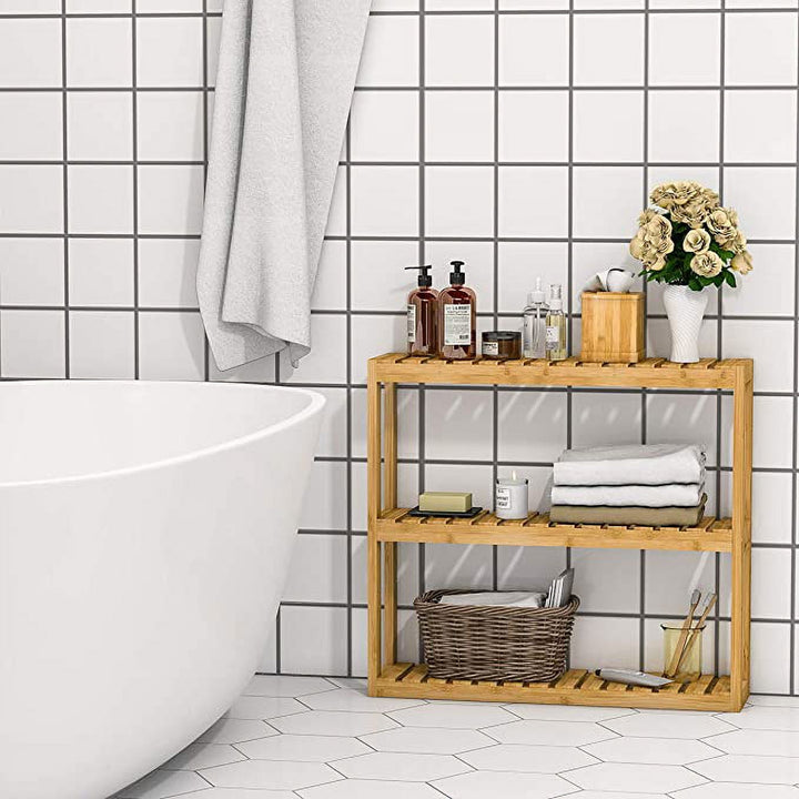 WENKIL Bamboo 3-Tier Bathroom Wall Shelf, Adjustable Wall-Mounted Bathroom Storage Rack