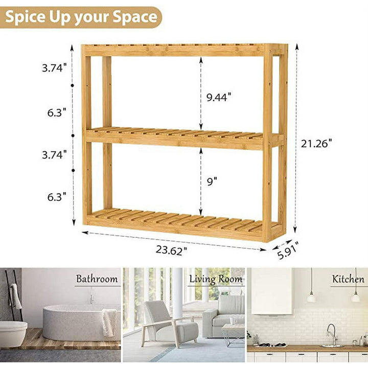 WENKIL Bamboo 3-Tier Bathroom Wall Shelf, Adjustable Wall-Mounted Bathroom Storage Rack