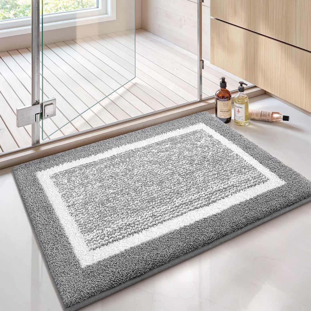 WENKIL Bathroom Rug, Soft Absorbent Bath Mat, Machine Washable (16"x24", Grey and White)