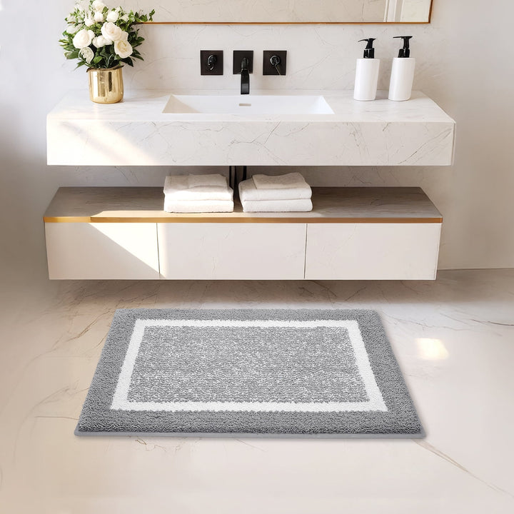 WENKIL Bathroom Rug, Soft Absorbent Bath Mat, Machine Washable (16"x24", Grey and White)