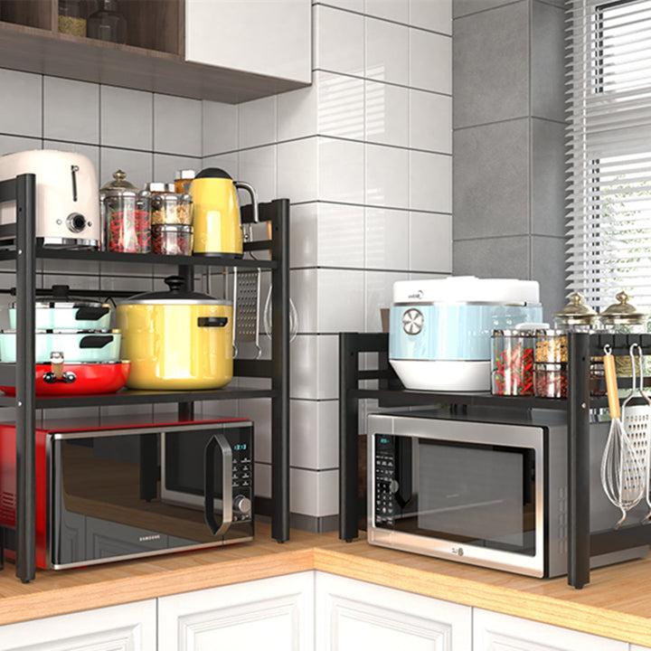 WENKIL Extendable Microwave Shelf, 3-Tier Kitchen Counter Organizer with Hooks