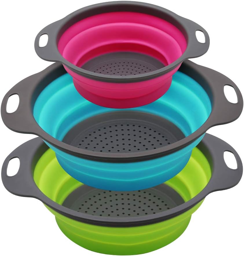 Collapsible Colander Set, Foldable Kitchen Strainers for Fruits, Vegetables & Pasta