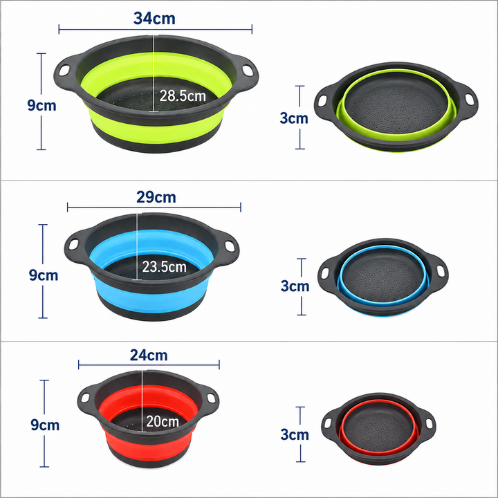Collapsible Colander Set, Foldable Kitchen Strainers for Fruits, Vegetables & Pasta