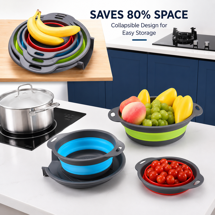 Collapsible Colander Set, Foldable Kitchen Strainers for Fruits, Vegetables & Pasta