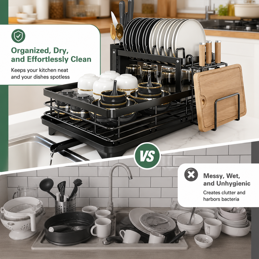 2-Tier Expandable Dish Drying Rack for Kitchen Countertop