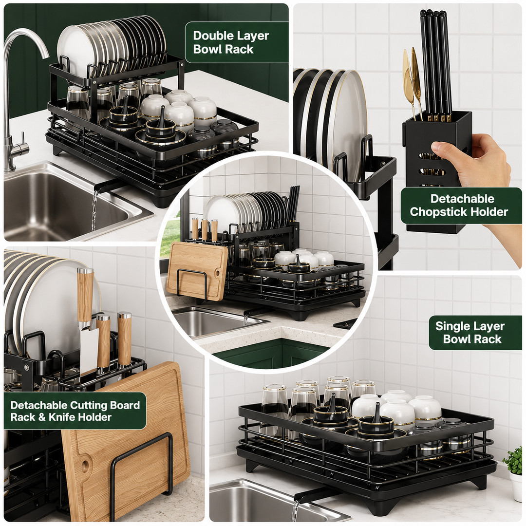 2-Tier Expandable Dish Drying Rack for Kitchen Countertop