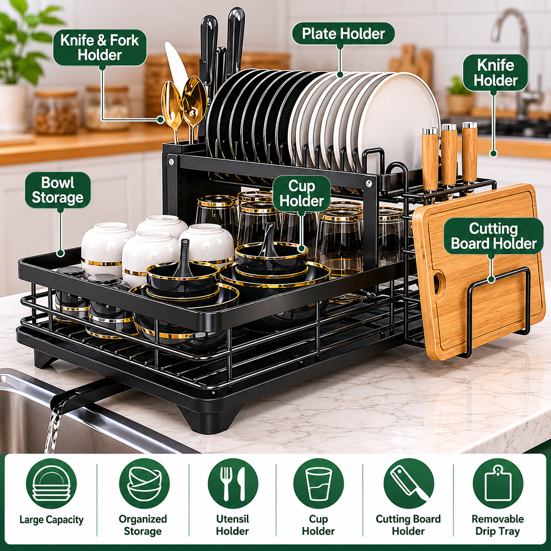 2-Tier Expandable Dish Drying Rack for Kitchen Countertop