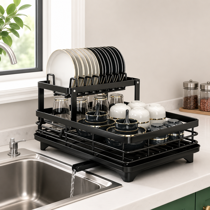 2-Tier Expandable Dish Drying Rack for Kitchen Countertop