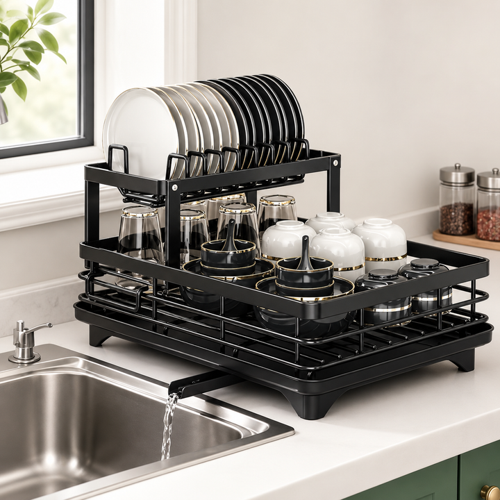 2-Tier Expandable Dish Drying Rack for Kitchen Countertop